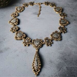 Etruscan Revival Antiqued Gold Ornate Baroque Coin Statement Necklace